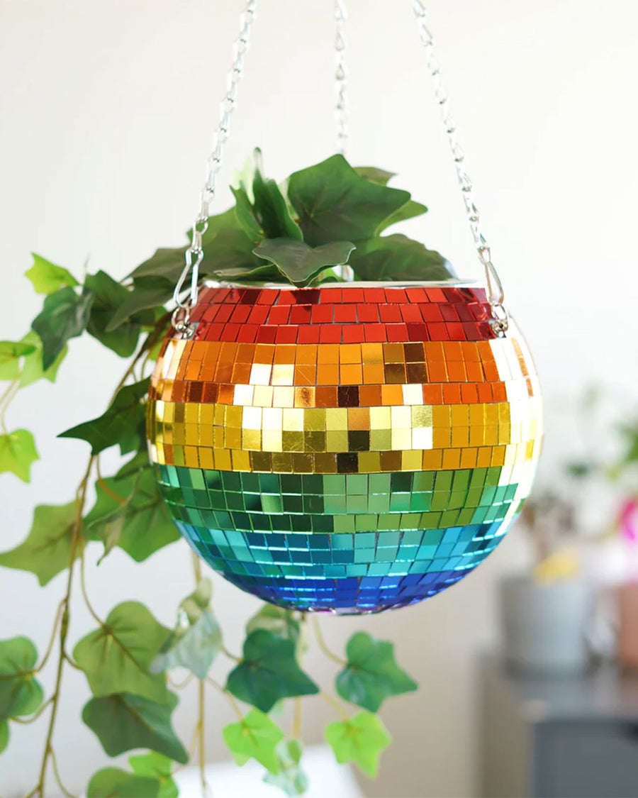 rainbow 8-inch disco ball planter with hanging plant inside