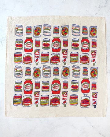 colorful canned tomatoes tea towel