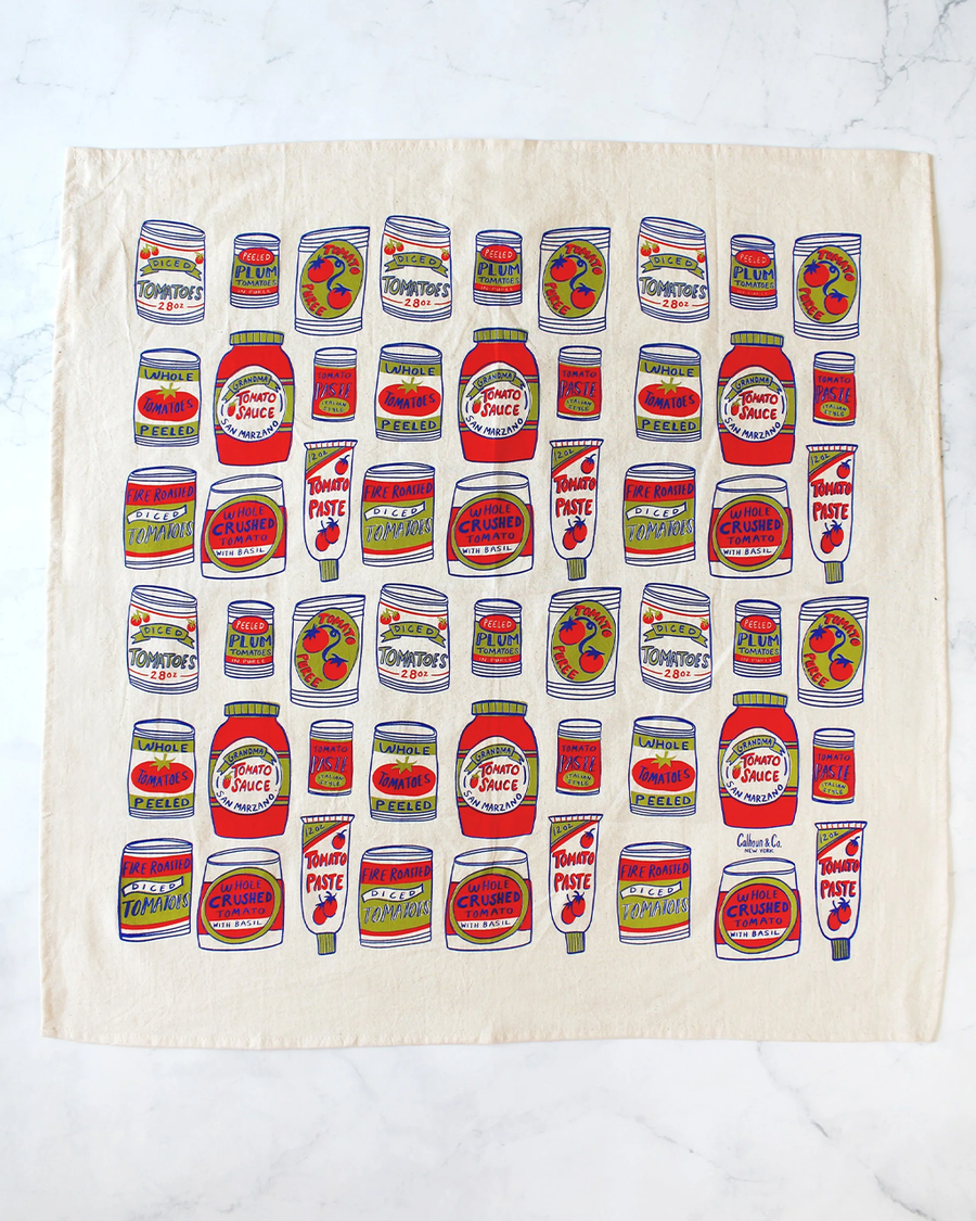 colorful canned tomatoes tea towel