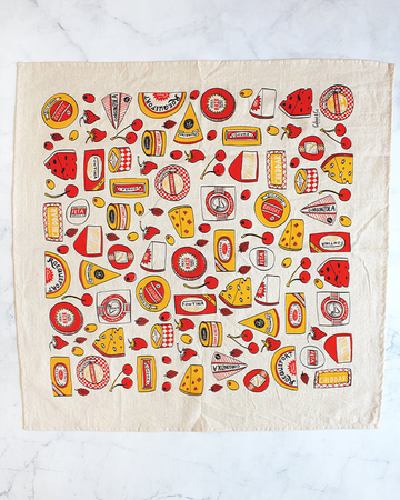 tea towel with abstract cheese and olive print