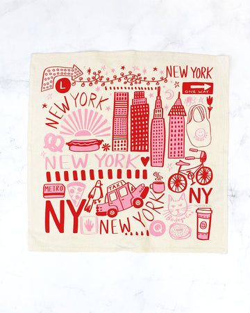 tea towel with pink NYC attractions