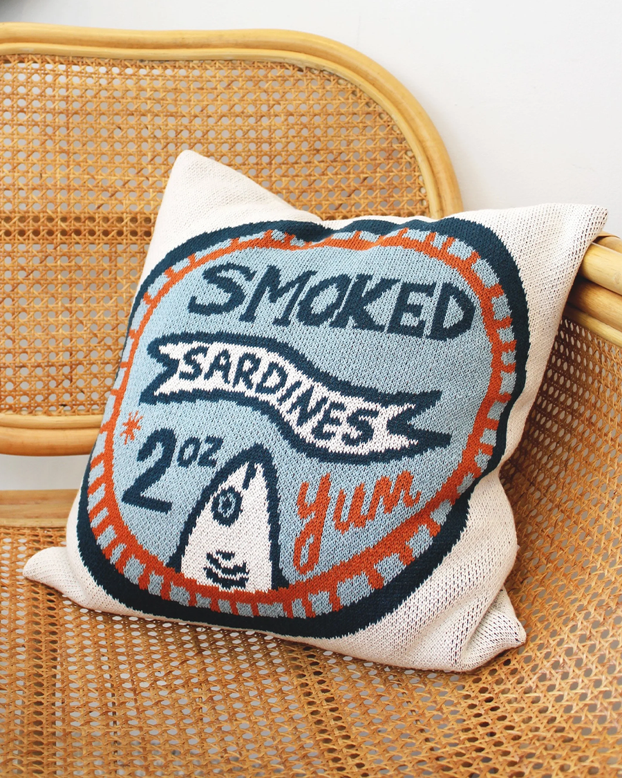 blue and orange 'smoked sardines' can throw pillow