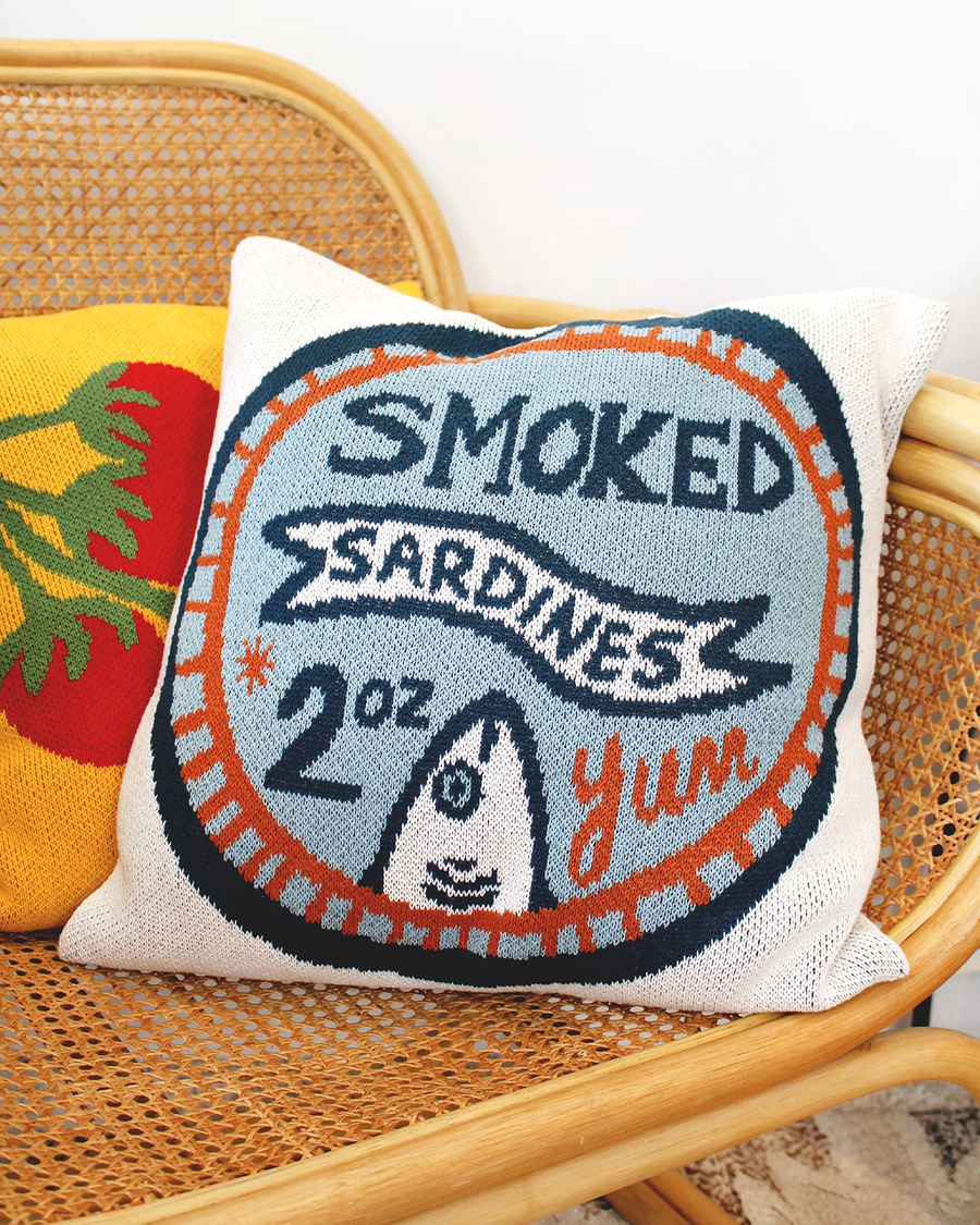 blue and orange 'smoked sardines' can throw pillow