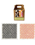 set of two tea towels: black peace checkers and orange/pink peace and flower