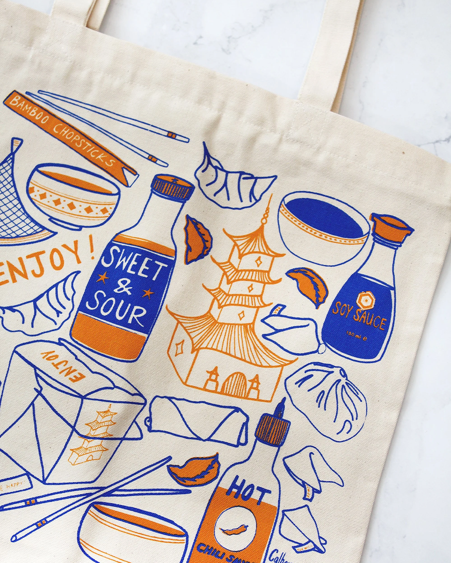 up close of canvas tote bag with chinese take-out images