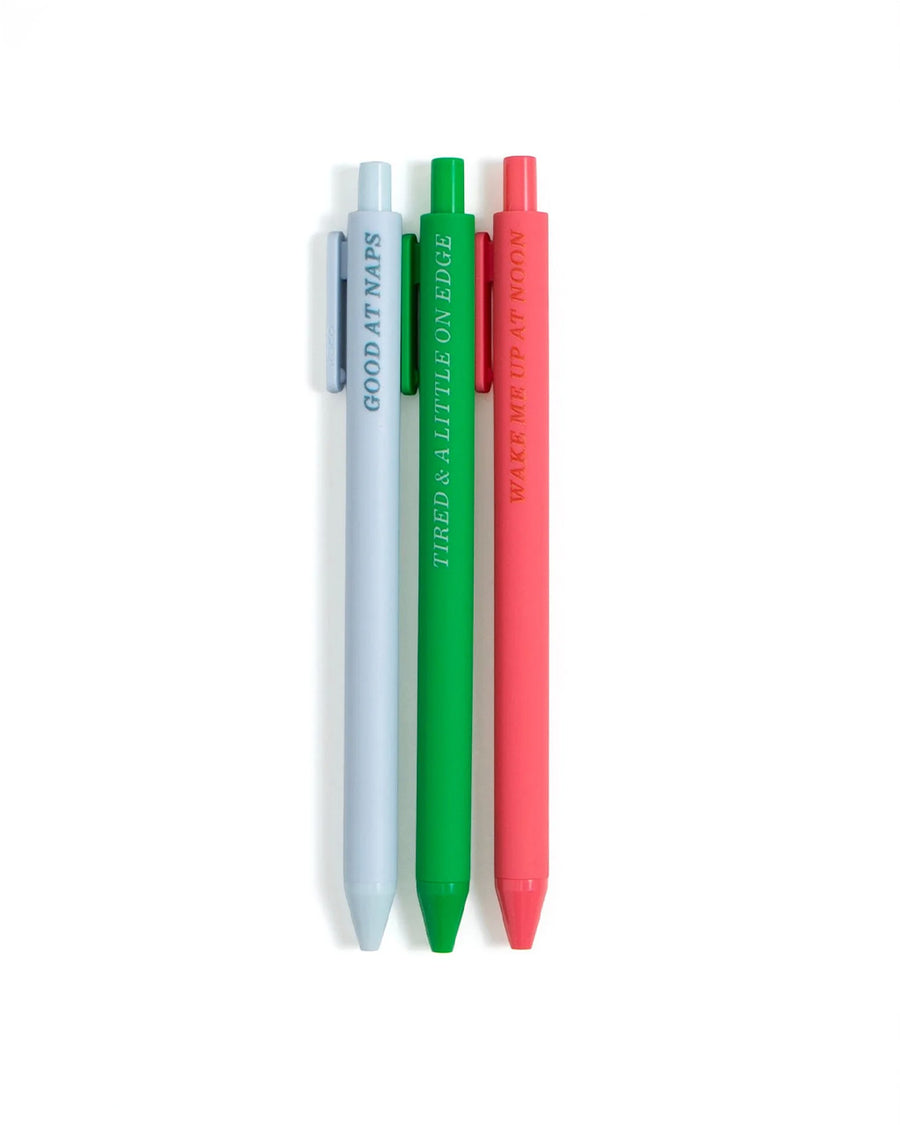 set of three 'The Always Tired Gel Pen Set'