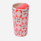 white and coral diamond print coffee tumbler with red cherry print and red sipping top