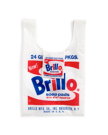 white reusable bag with andy warhol's 'brillo soap pads' print on it