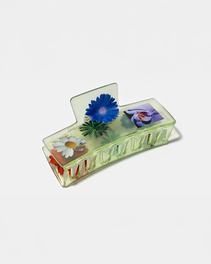 clear box hair claw with realistic flower print