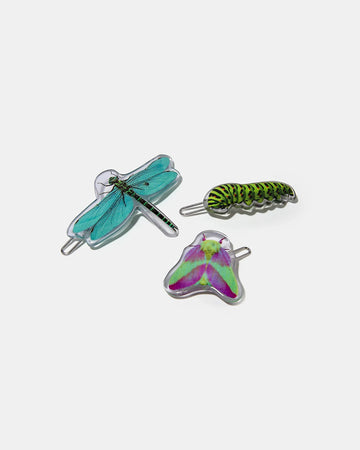 set of three critter hair clips: dragonfly, caterpillar, and moth