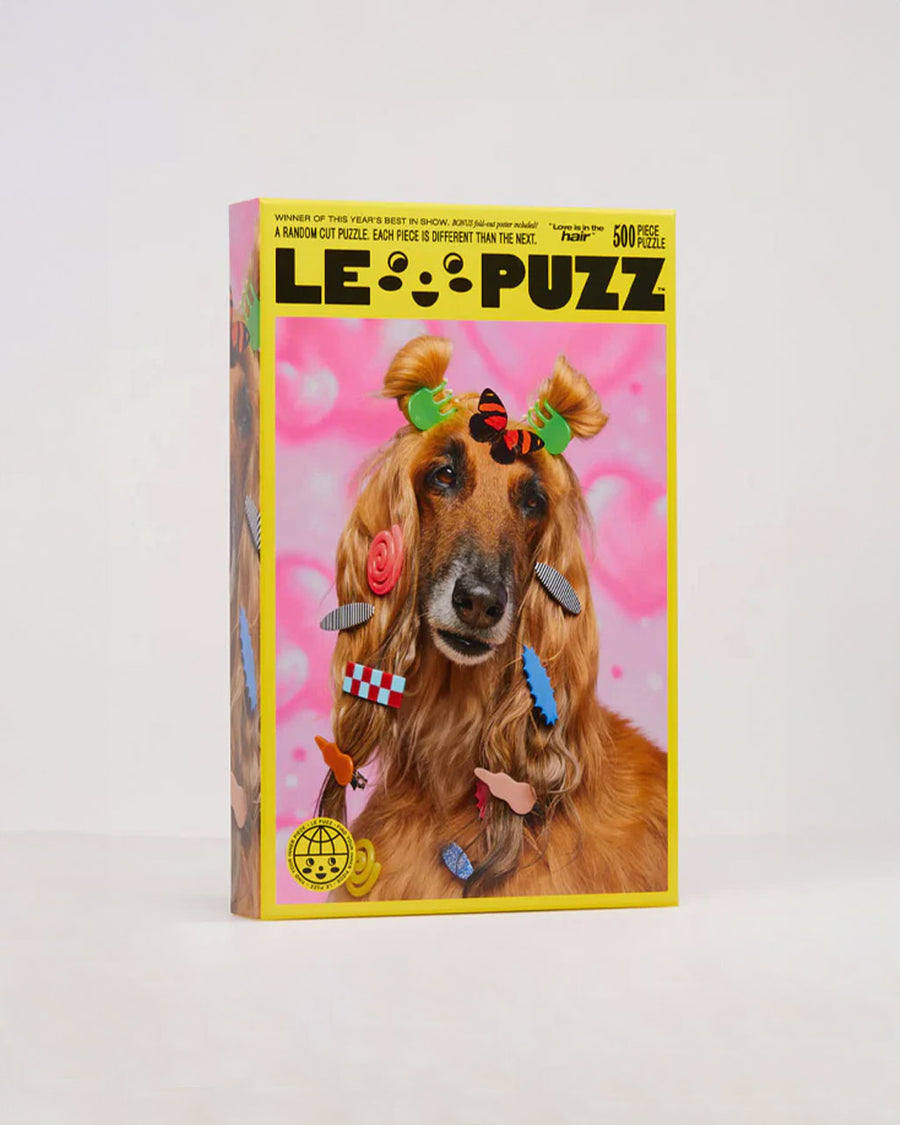 500 pc puzzle with dog and chunks hair clips graphic