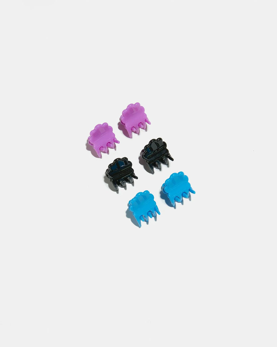 set of 6 micro hair claws: 2 purple, 2 black, 2 blue