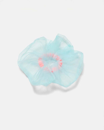 scrunchie with pink coil band and blue organza