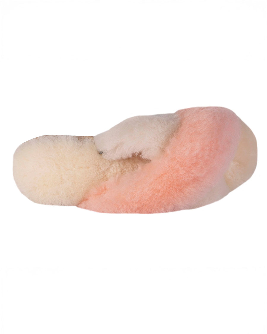 top view of cream and peach criss-cross slip on slippers