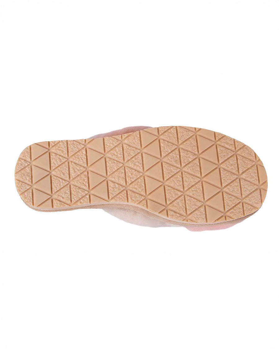 bottom view of cream and peach criss-cross slip on slippers