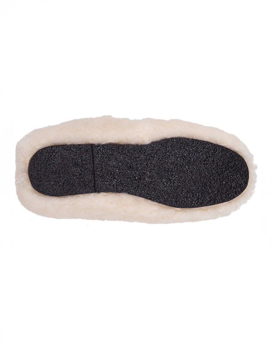 bottom view of cream fuzzy slip-on slippers