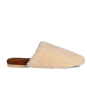 cream fuzzy sheepskin slip-on mule slippers