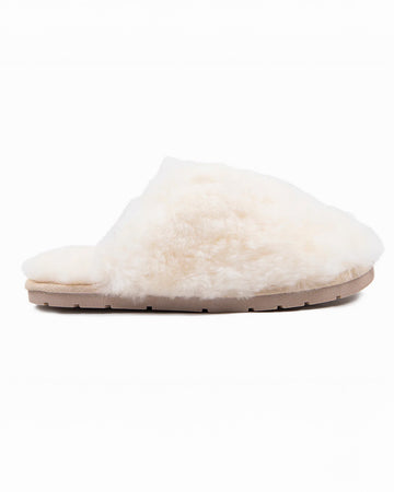 white sheepskin fuzzy slip-on slipper with rubber sole