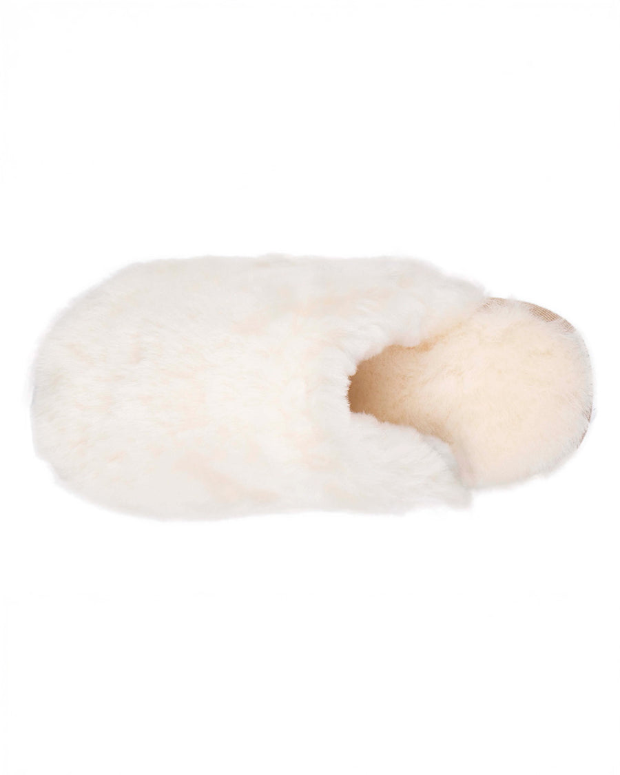 top view of white sheepskin fuzzy slip-on slipper with rubber sole