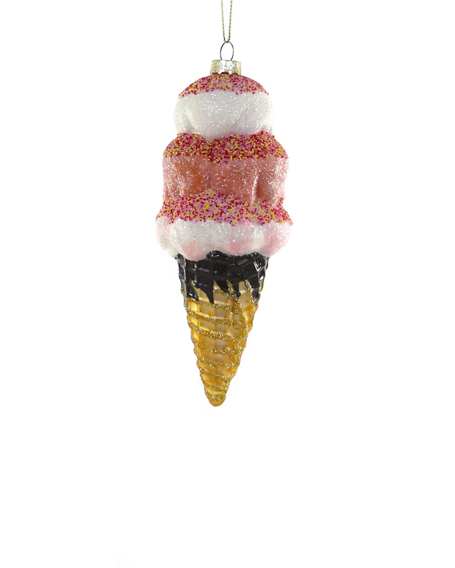 pink glitter ice cream cone glass ornament