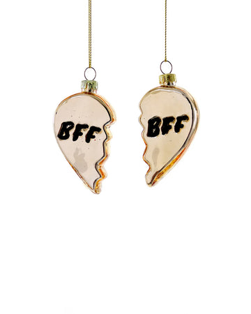 set of two gold 'bff' glass broken heart ornaments