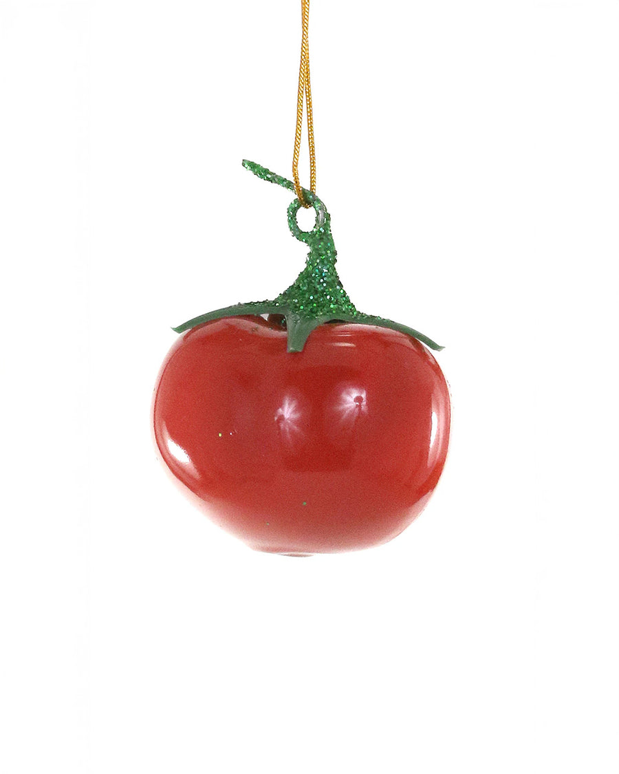 red heirloom tomato ornament with green glittery stem