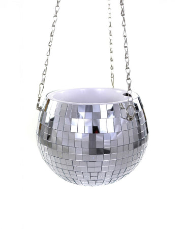 large silver disco ball hanging planter