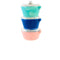 back view of stacked set of three pastel vintage casserole ornament: teal, royal blue and pink