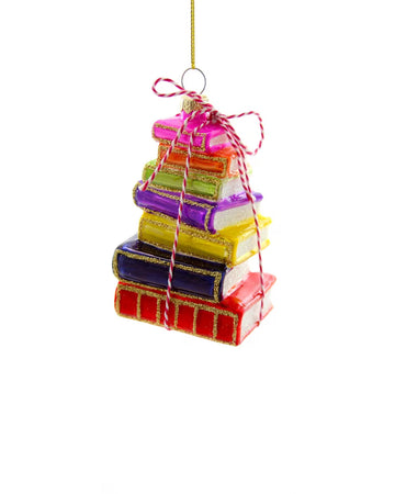 colorful stacked books glass ornament