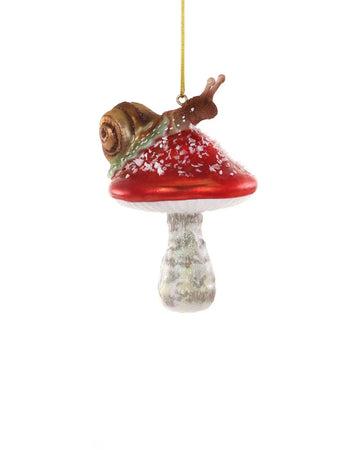 red mushroom with a snail on top glass ornament