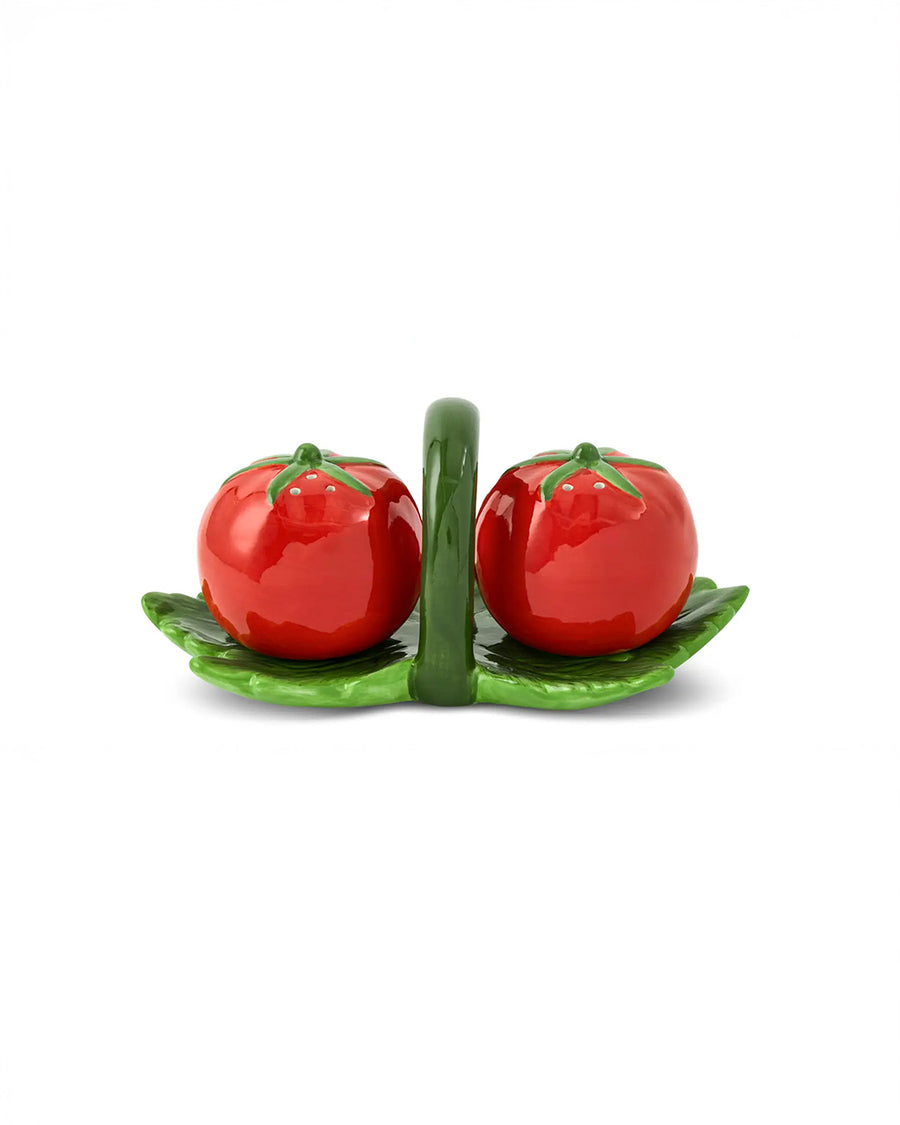 tomato salt and pepper shakers with green leaf tray with handle