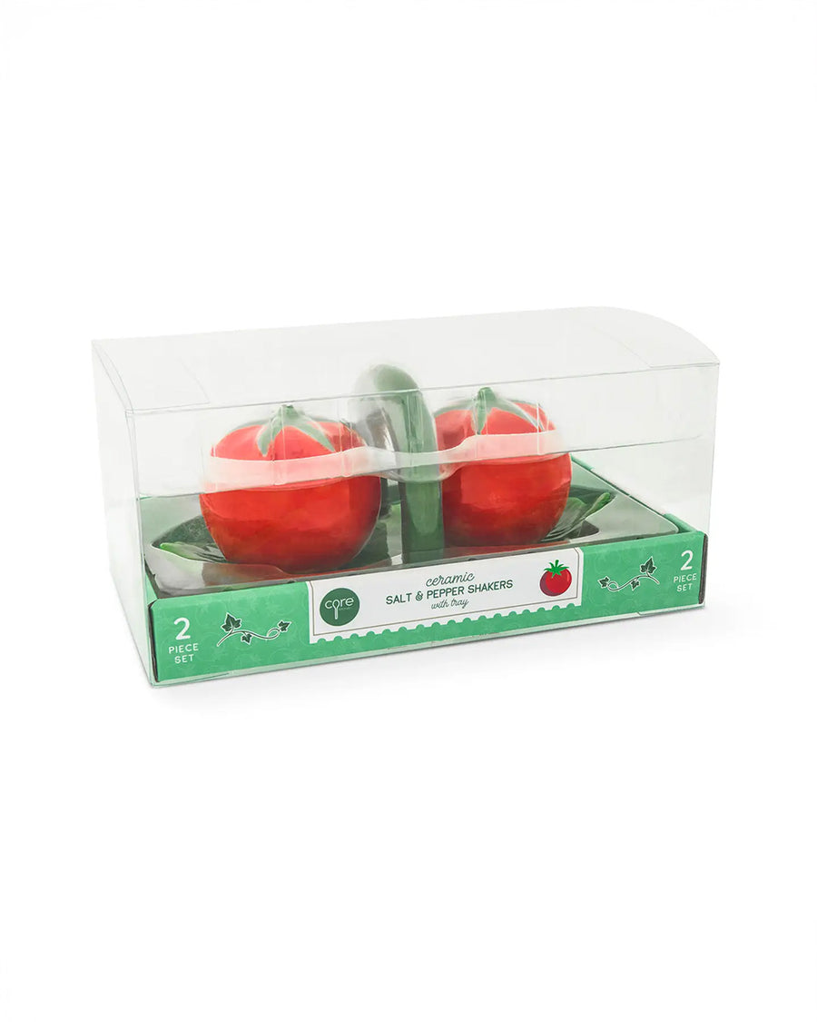 packaged tomato salt and pepper shakers with green leaf tray with handle