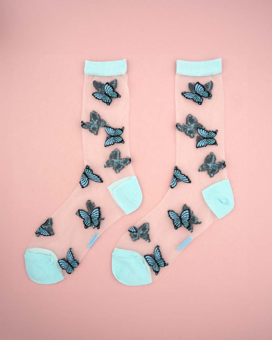 sheer socks with blue butterflies and blue trim