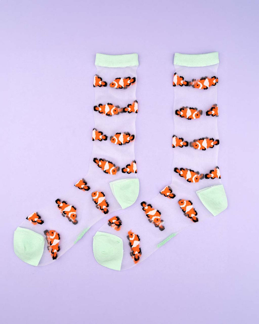 sheer socks with clownfish print and white trim
