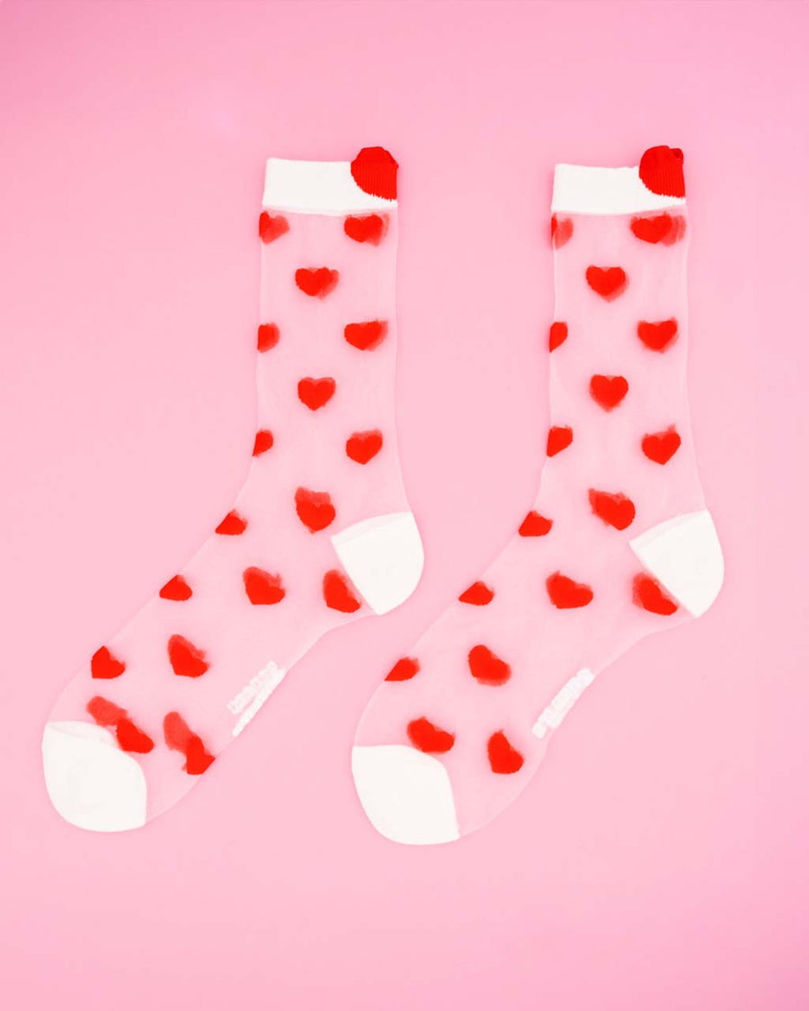 sheer socks with red heart print and white trim