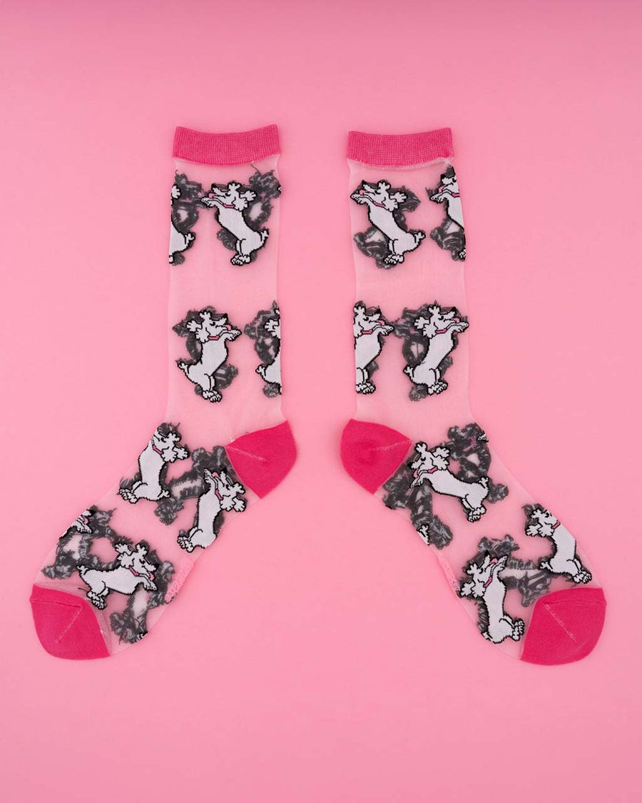 sheer socks with all over poodle print and pink trim