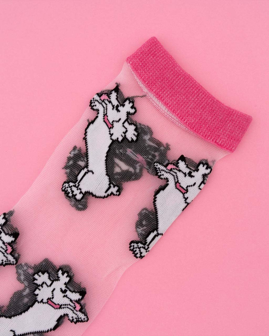 up close of sheer socks with all over poodle print and pink trim