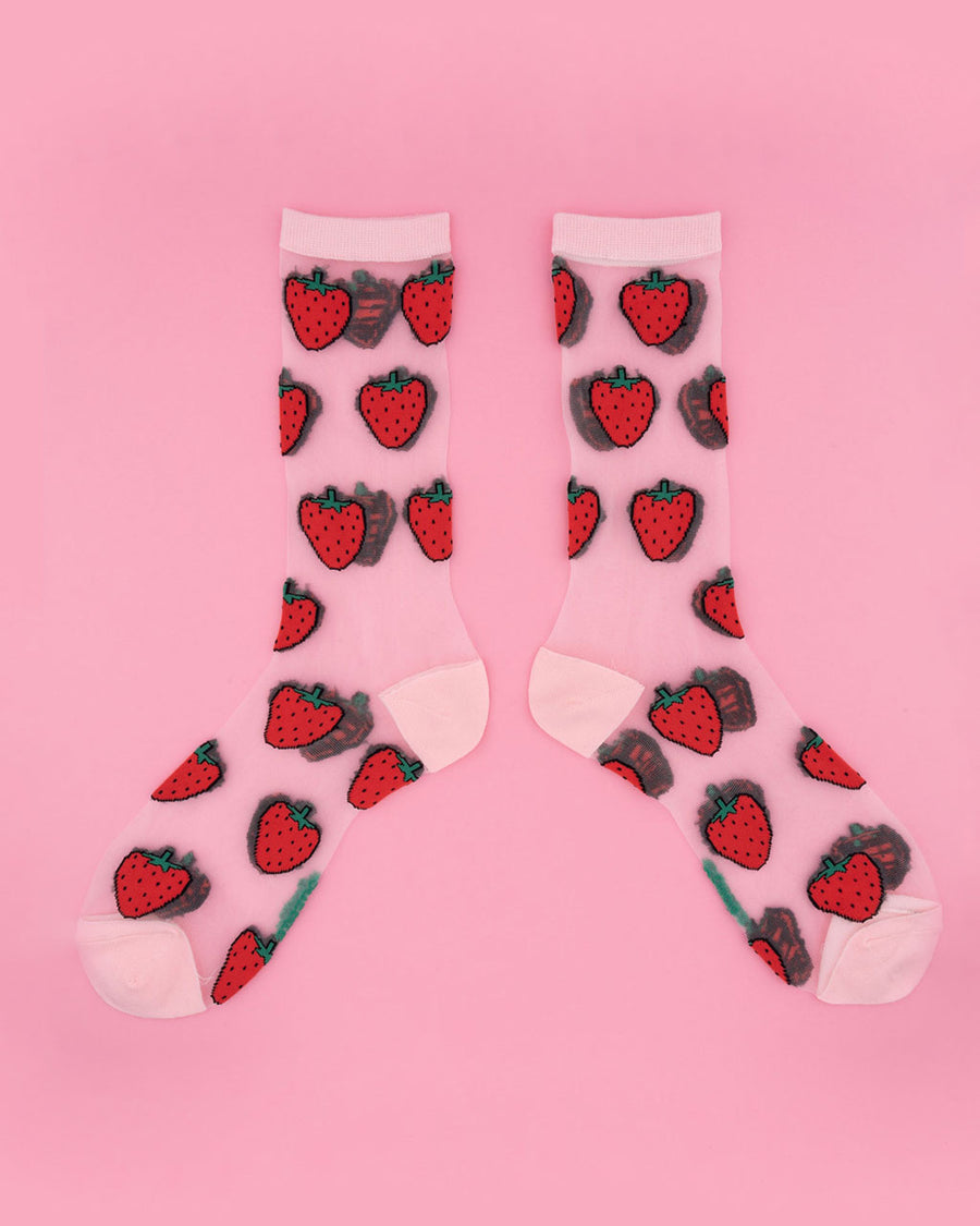 sheer socks with all over strawberry print and pink trim