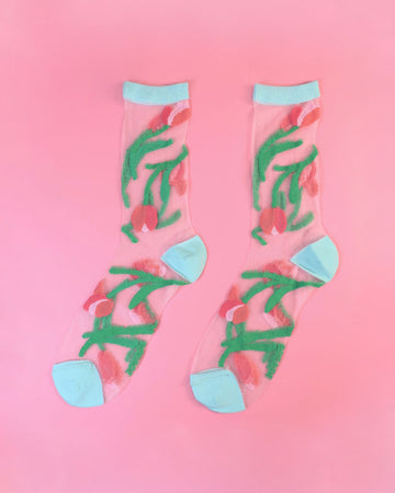 sheer socks with mint trim and pink tulip print