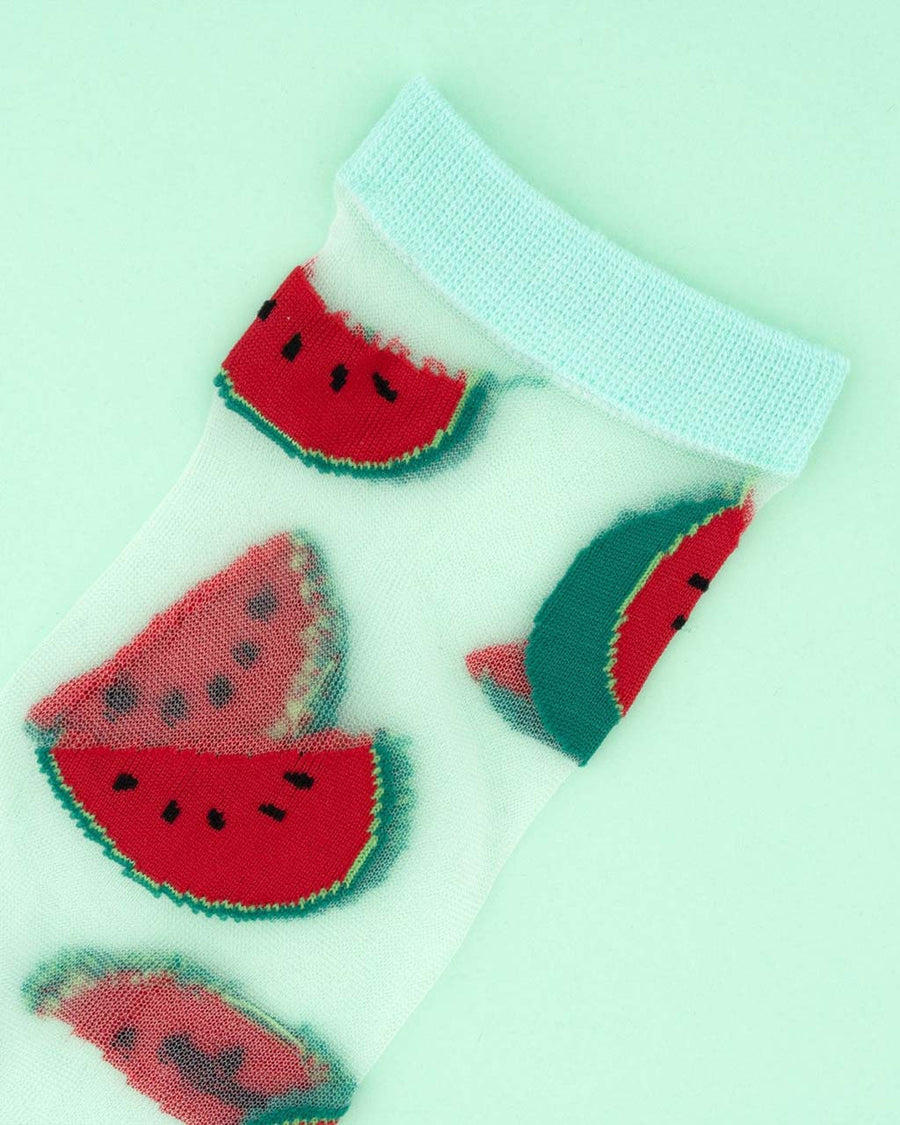 up close of sheer socks with watermelon print and mint trim