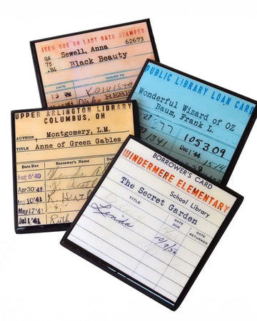 set of 4 vintage library card coaster