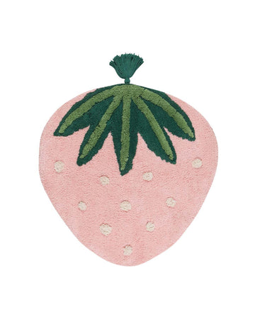 pink strawberry bath rug with green stem tassel
