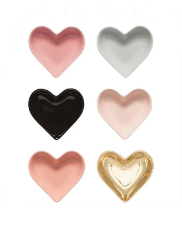set of six heart shaped pinch bowls in various pink, blue black and metallic gold
