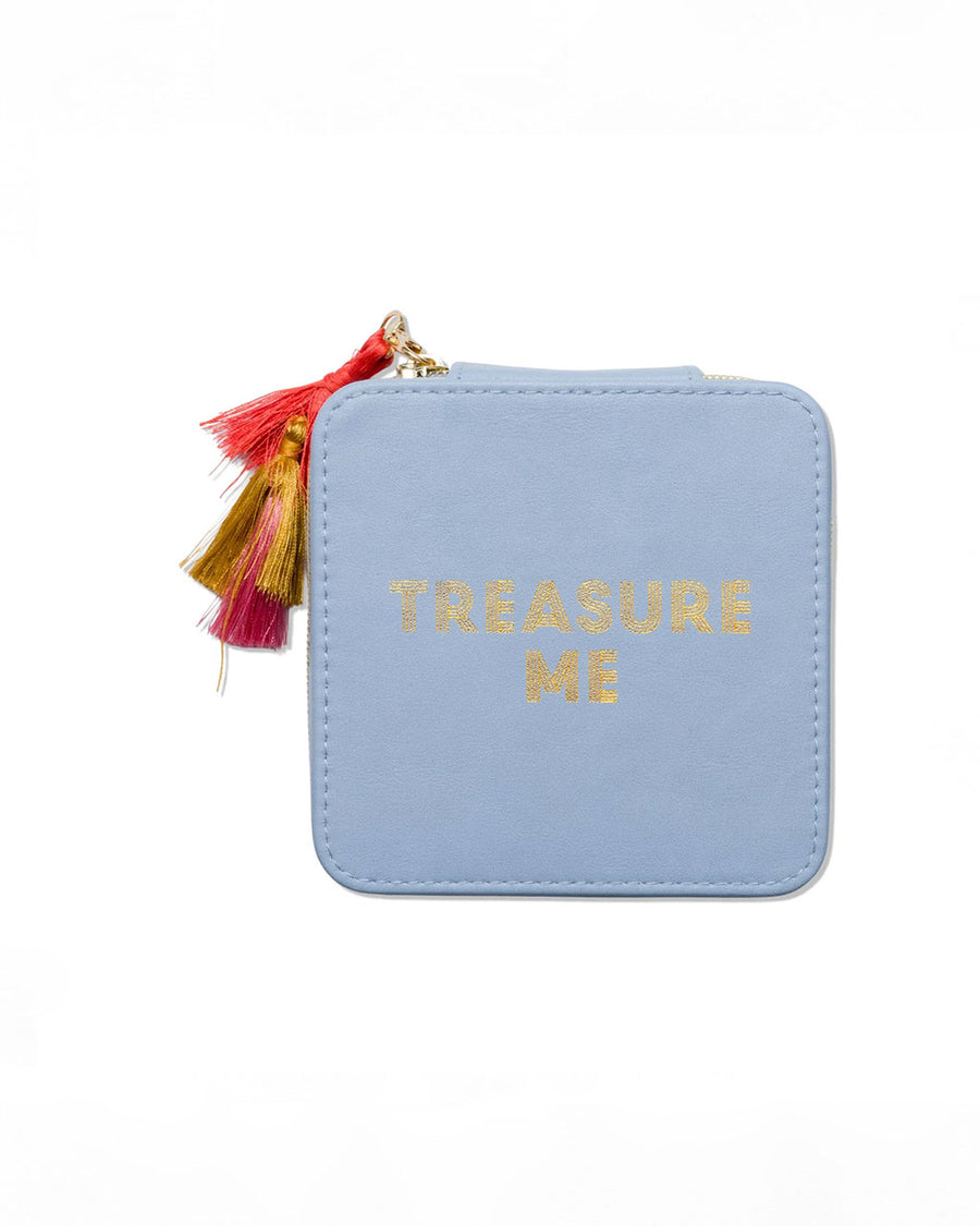 light blue jewelry case with multicolor tassel and gold 'treasure me' across the front