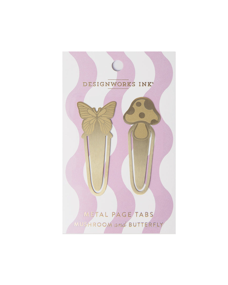 set of two gold page tabs: butterfly and mushroom