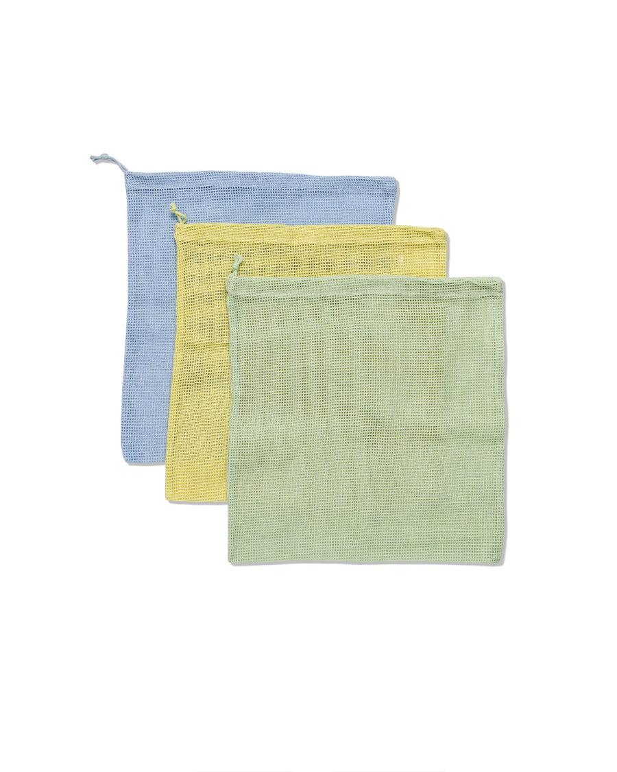 set of three mesh product bags in blue, citron and sage