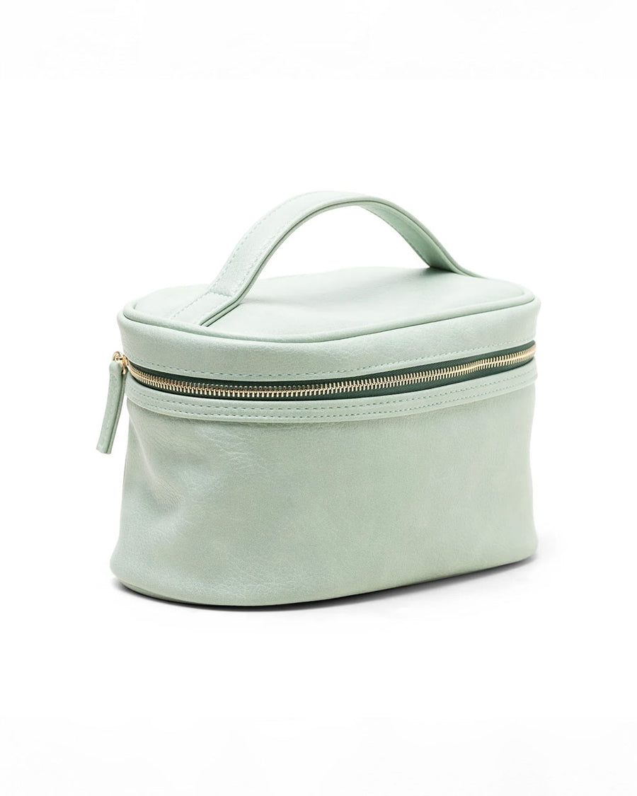side view of mint colored vegan leather travel case