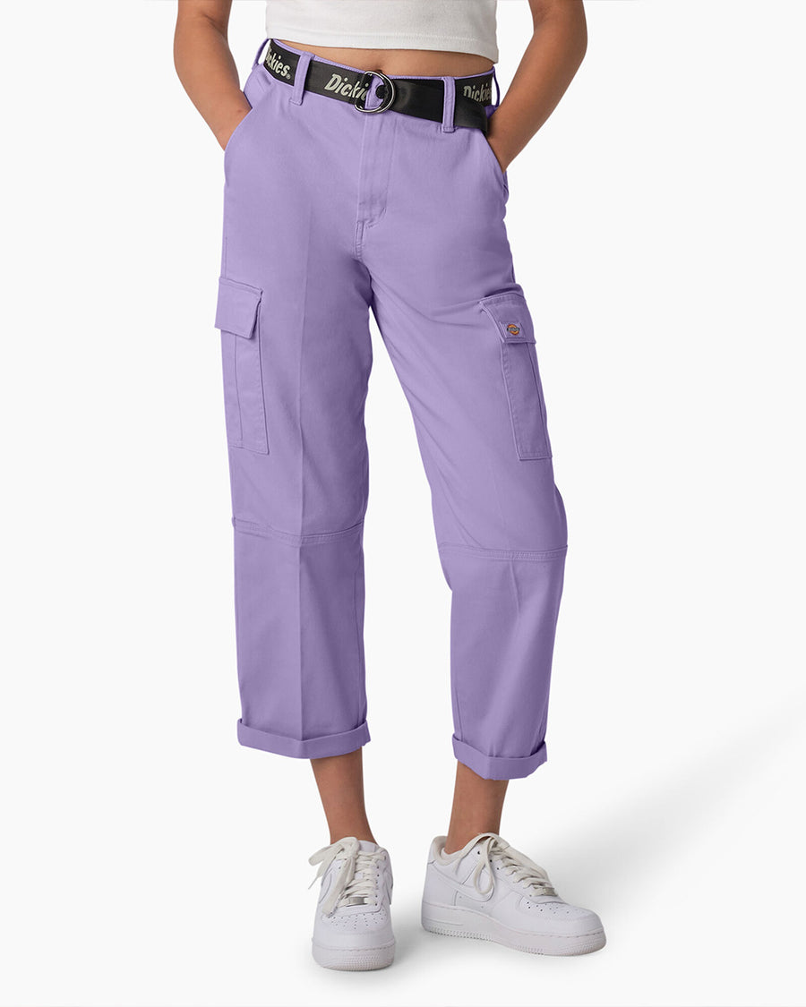 model wearing lavender cropped cargo pants with black 'dickies' belt
