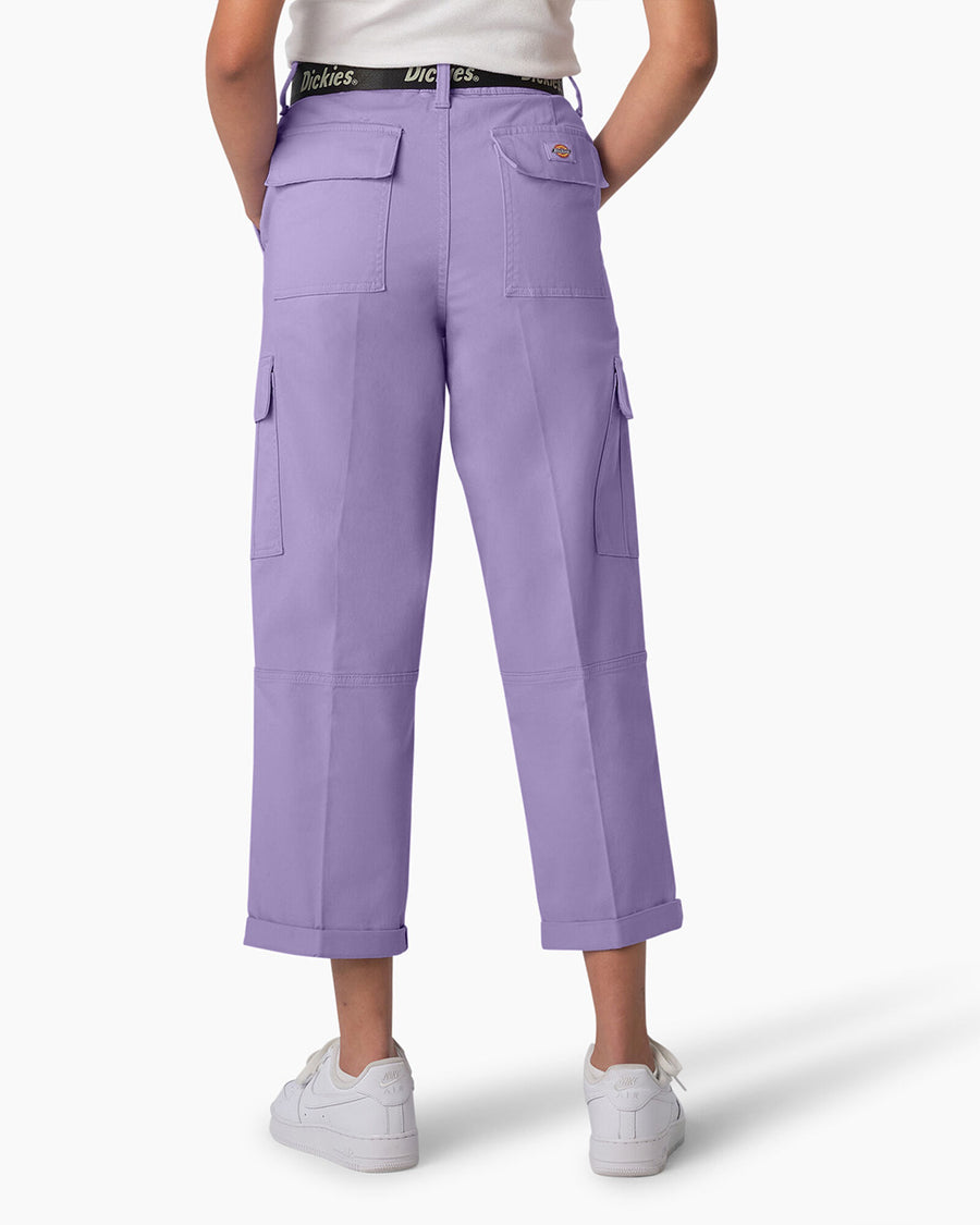backview of model wearing lavender cropped cargo pants with black 'dickies' belt