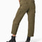back view of model wearing dark olive green cargo pants with green contrast stitching and black dickies belt